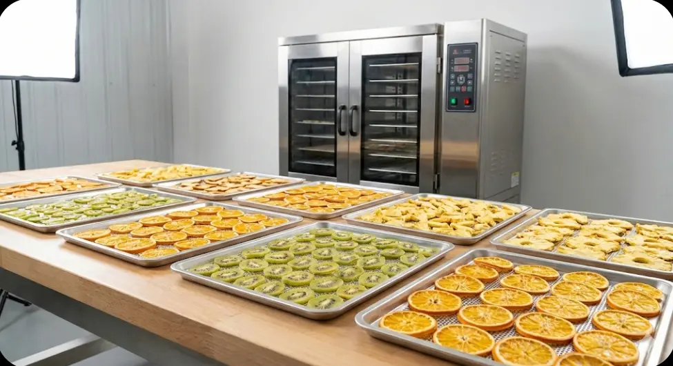 Dehydrated fruit business setup with commercial dryer machine and sliced dried fruits
