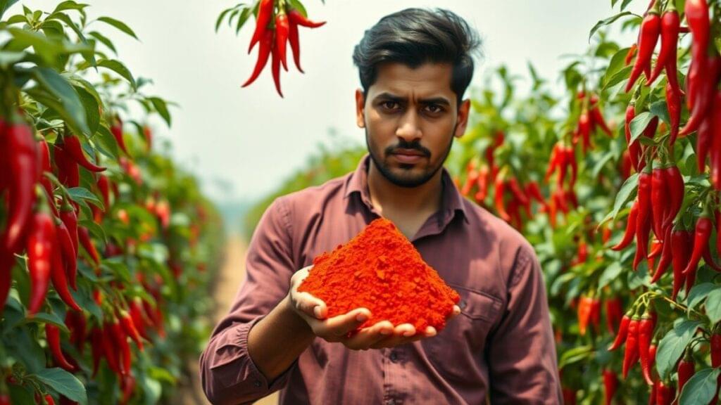 Farmer holding red chilli powder in field - Laal Mirchi Business Idea