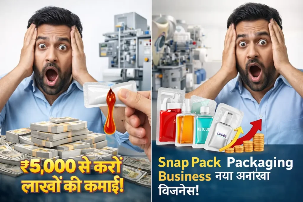 Snap Pack Packaging Business idea showing high profit potential with money stacks and easy-snap liquid sachets for ketchup and cosmetics.