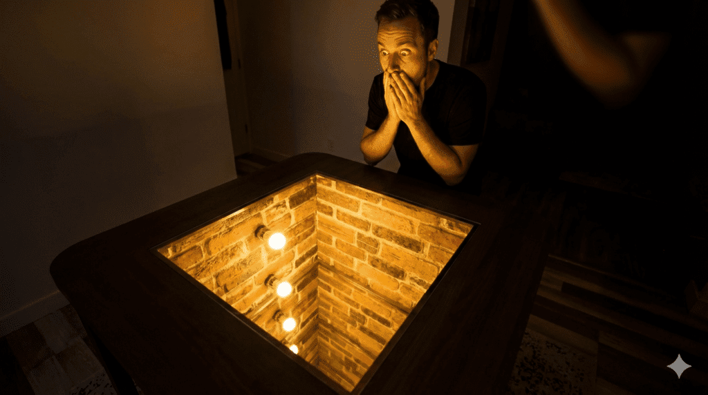 Shocked man looking at Infinity Table Business depth illusion