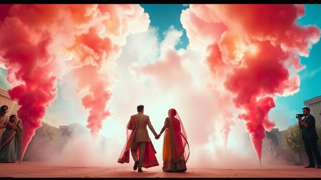 Indian wedding couple entrance with vibrant pink and gold color smoke.