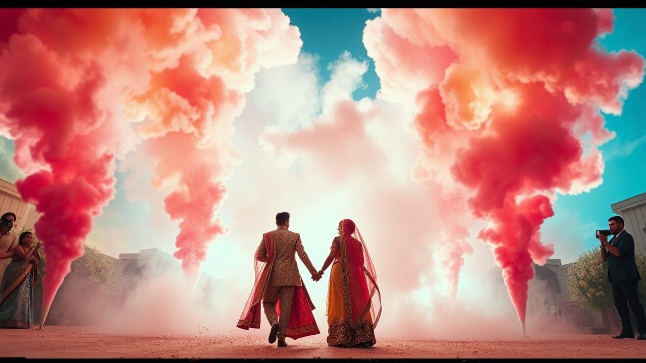Indian wedding couple entrance with vibrant pink and gold color smoke.